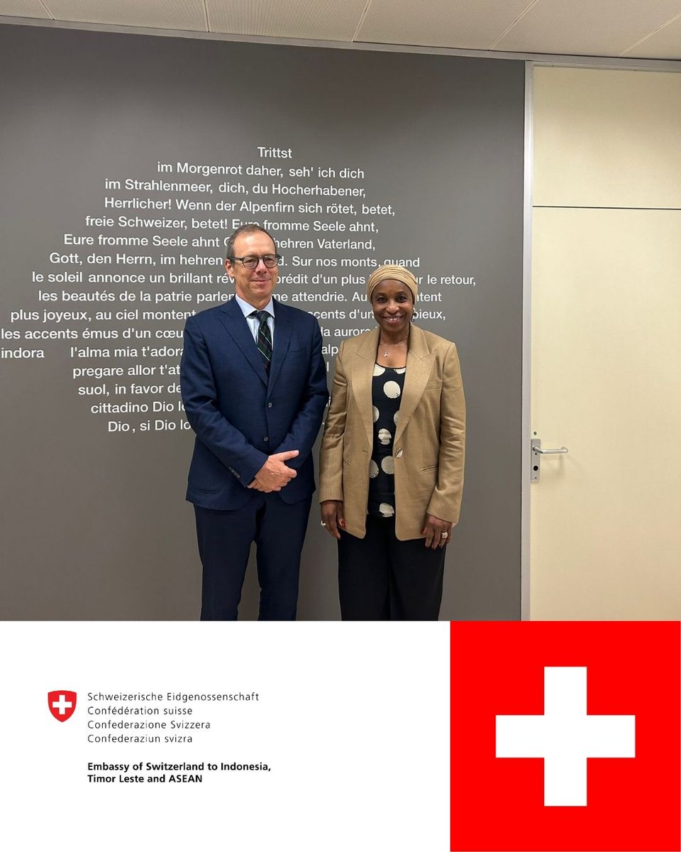 SwissAmbID's tweet photo. 🇨🇭🤝🇮🇩 I was pleased to welcome @UNIDO Deputy DG Fatou Haidara to the Swiss Embassy in Jakarta. We discussed 🇨🇭-🇮🇩 cooperation on sustainable industrial development — from eco-industrial parks to quality standards for fisheries. https://t.co/ofQjjKqH2j