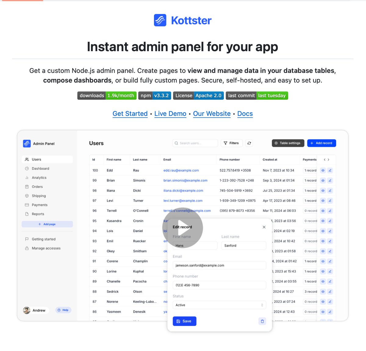一个自托管的 Node.js 管理后台生成器：连上数据库，几分钟就能自动生成带搜索、筛选、排序、增删改的管理页面；想上强自定义，也能从零写出自定义页（仪表盘、表单、图表随便拼）
Kottster github.com/kottster/kotts…