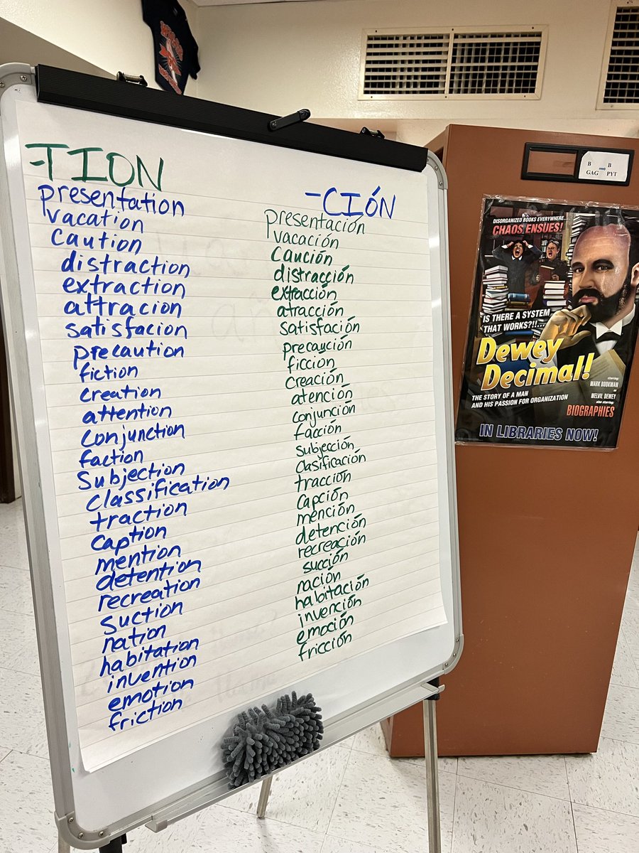 Easy books, cognates, and metalinguistic connections 🌉 in Spanish 1 today in the #Wiggs Library!  In one day we found out that we know hundreds more words in Spanish than we thought thanks to -TION and -CIÓN!  Also…. We can’t wait to finish reading La Llorona!