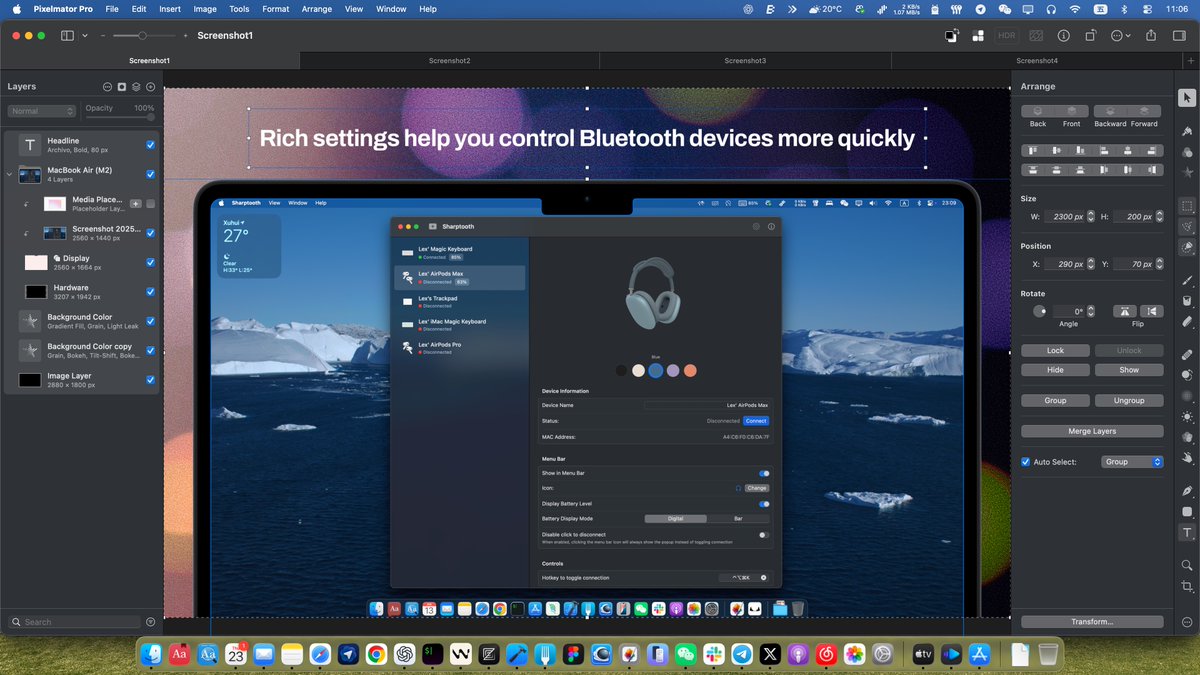 lexrus's tweet image. Pixelmator Pro 的 App Screenshot 模板做 App Store 截图很省力