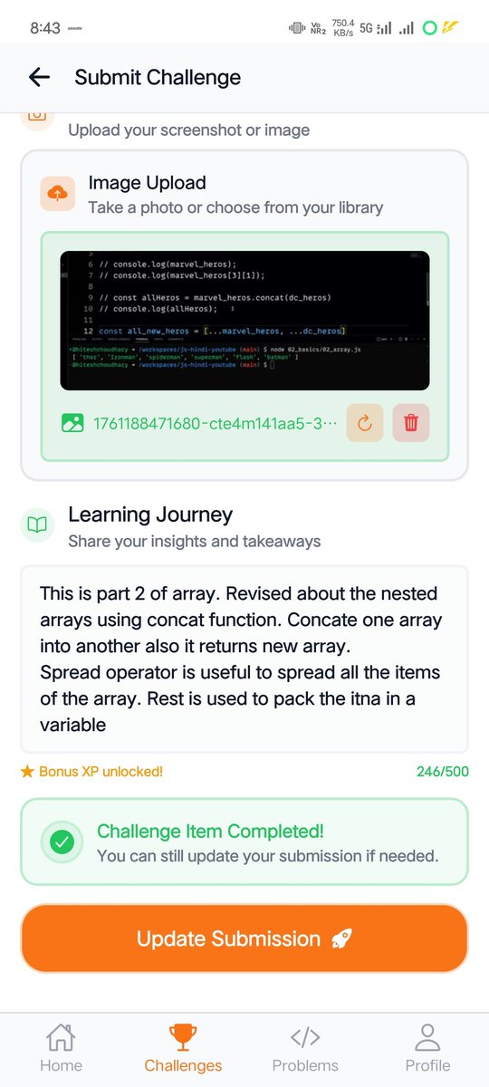 #Day14 of #25daysjschallenge on masterji app.
Topic: Array ( revised concatenation, spread and rest operator, there use case)
<a href="/Hiteshdotcom/">Hitesh Choudhary</a> <a href="/ChaiCodeHQ/">Chai Aur Code</a> #javascript