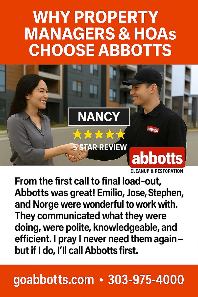 AbbottFireFlood's tweet image. Why Property Managers &amp;amp; HOAs Choose Abbotts 🧡

⭐️⭐️⭐️⭐️⭐️

📞 303-975-4000
🌐 goabbotts.com

#GoAbbotts #RestorationExperts #ColoradoBusiness #WaterDamage #FireRestoration #MoldRemediation #HOA #PropertyManagement #HelpingPeopleAndPropertyRecover