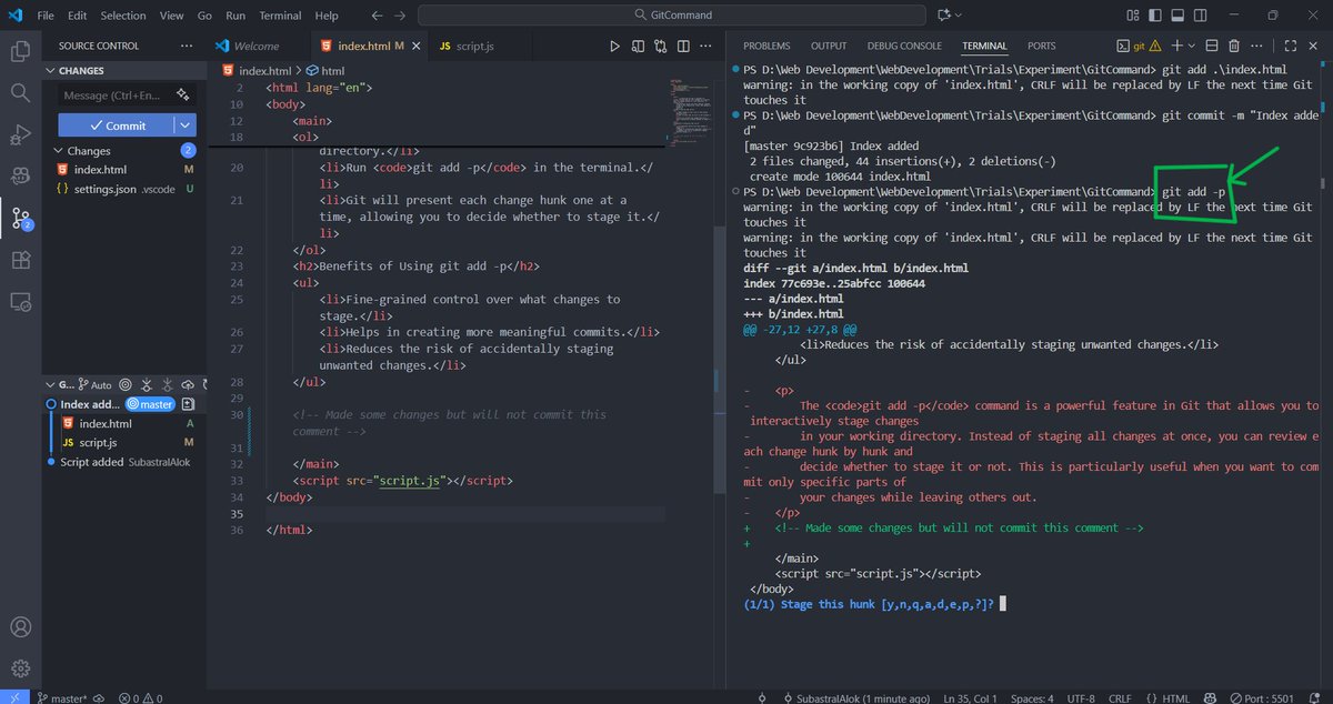 AlokDevJourney's tweet image. Day 28 #100DaysOfCode
I just learned something awesome in Git that every dev should know.
Ever wanted to commit just a part of your file?
Not the whole thing?
This Git command blew my mind: git add -p
Let me show you 👇
(📌 Save this if you're learning Git!)