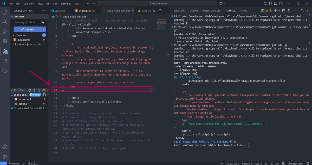 AlokDevJourney's tweet image. Day 28 #100DaysOfCode
I just learned something awesome in Git that every dev should know.
Ever wanted to commit just a part of your file?
Not the whole thing?
This Git command blew my mind: git add -p
Let me show you 👇
(📌 Save this if you're learning Git!)
