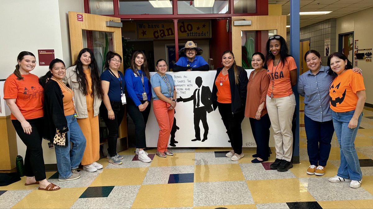 On Wednesdays, we wear… orange and blue! Today we repped Dr. Aparicio’s alma mater, UT Tyler🧡💙 
Unfortunately he was at his principal meeting all day so we still honored him and improvised with our group pic😂 <a href="/EDAmaya04/">Amaya</a> <a href="/SHussainDISD/">Salem Hussain</a> #Region4SayNoMore