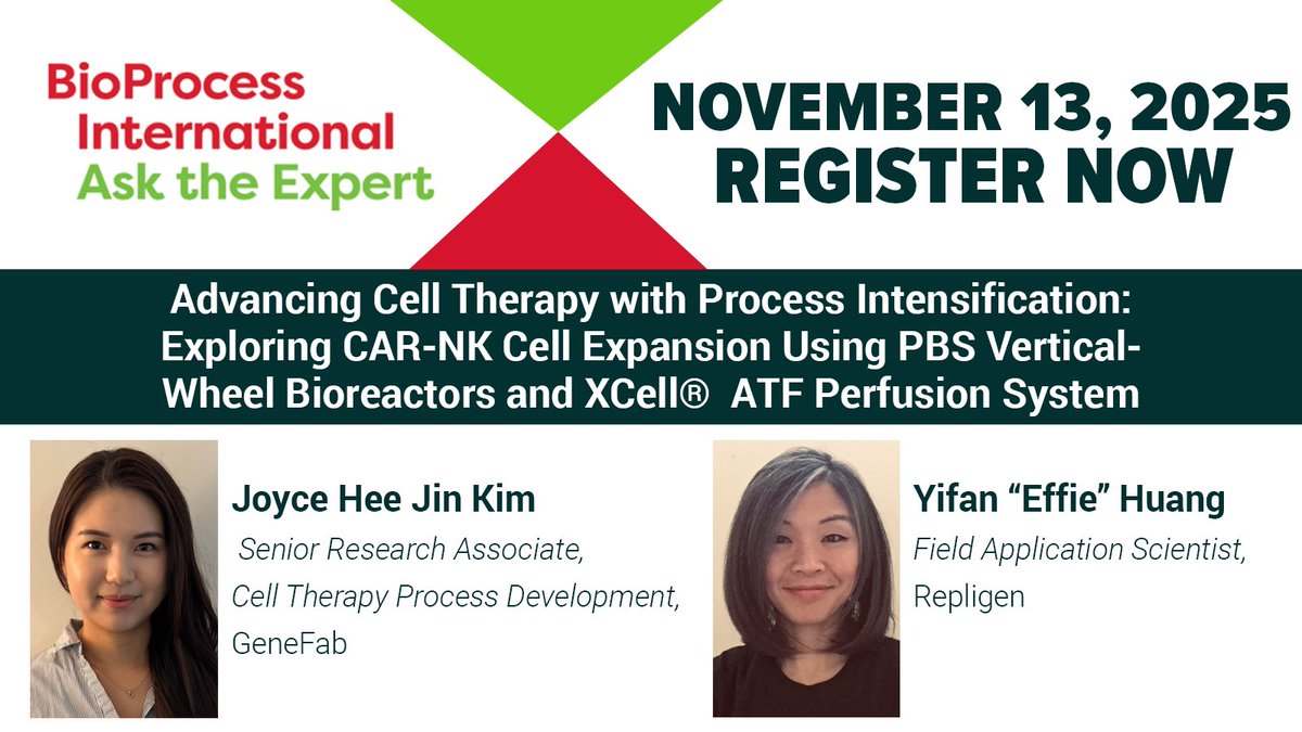 BioProcessIntl's tweet image. Please join us today for a #BPIAskTheExpert on &quot;Advancing Cell Therapy with Process Intensification.&quot;

Date: Thurs. Nov. 13th at 11AM ET.

Feat: Joyce Hee Jin Kim, GeneFab &amp;amp; Yifan “Effie” Huang, @Repligen 

Register Now:
spr.ly/6011A7Ix9