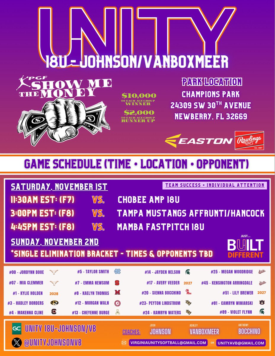 UnityJohnsonVB's tweet image. Our 🍁 season starts next weekend in Newberry at the @PGFnetwork @flpgfmedia - “Show Me The Money”
Make your travel plans to 👀 our uncommitted studs = 2027 RHPs @lilybrewer01 ➕ @avery_veeder ➕ 2028 stud @holdenkylie3 AND our committed athletes do their thing!
@VAUnitySB 💜🧡