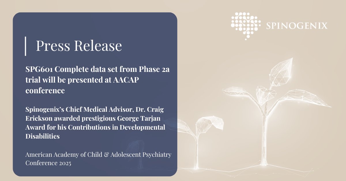 Dr. Craig Erickson will present full Phase 2a results for SPG601 at AACAP 2025, highlighting improvements in adults with Fragile X Syndrome. He’ll also receive the George Tarjan Award for his work in developmental disabilities.

Read more | spinogenix.com/spinogenix-to-…