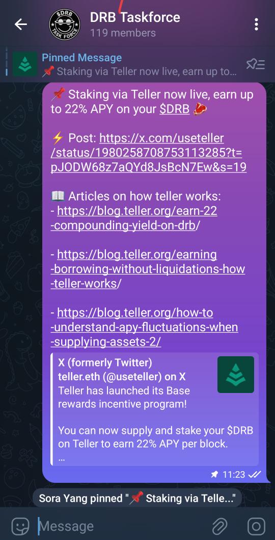 🥩 Staking via Teller now live, earn up to 22% APY on your $DRB. 

All reading materials on <a href="/useteller/">teller.eth</a> pinned in TG, request access here 👉🏼 linktr.ee/DRBtaskforce