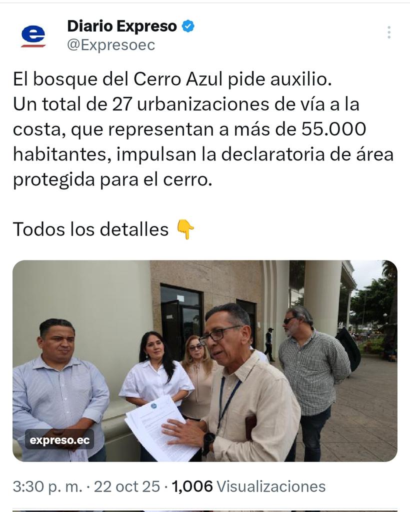 Por qué debe ser Área Protegida Cerro Azúl??
Funciona como corredor ecológico que conecta dos zonas de conservación claves:  Bosque Protector Cerro Blanco con Bosque Protector Prosperina.
<a href="/EcuadorMAE/">Ministerio de Ambiente y Energía</a> <a href="/DanielNoboaOk/">Daniel Noboa Azin</a>
 <a href="/inesmanzano/">Ines Manzano</a>
Firma y Comparte ✍️🔄
change.org/Cerro_Azul_Are…