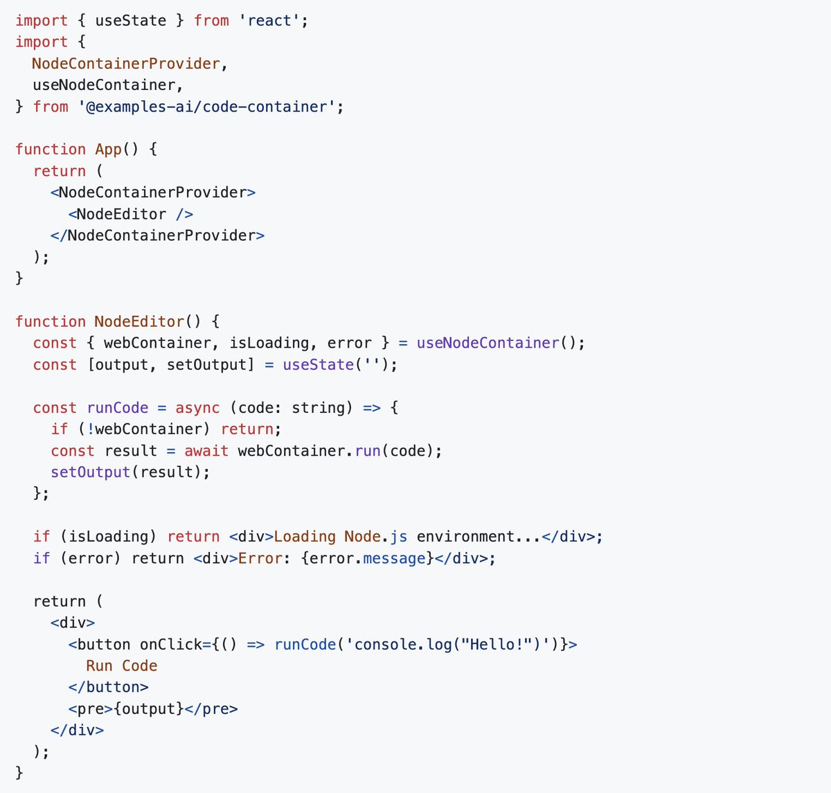 ragingwind's tweet image. Simple Node/TS Code Interpreter on browser powered by web-container, but much easier than use in react/@nextjs for Typescript execution. It can be used for running typescript generated from ai models
github.com/examples-ai/no…