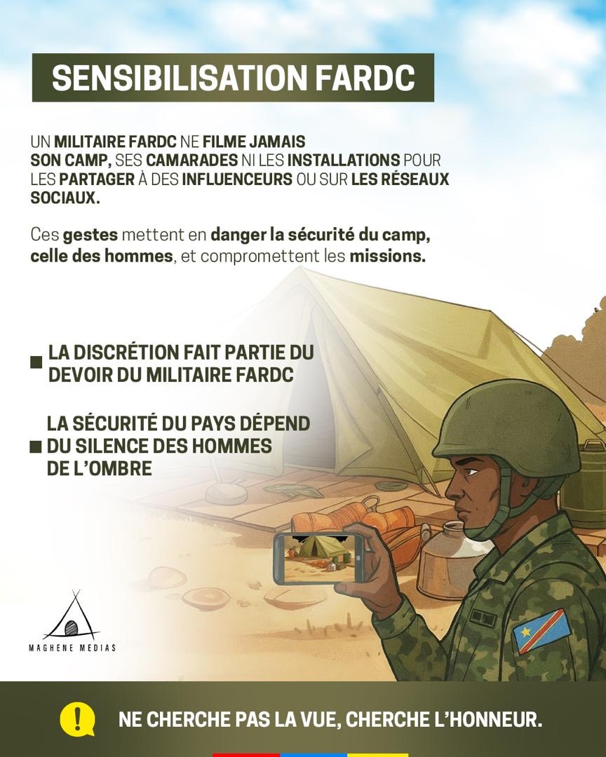 wembi_steve's tweet image. #RDC: Sensibilisation #FARDC . 
🛑Un militaire FARDC ne filme jamais son camp , ses camarades ni les installations pour les partager à des influenceurs ou sur les réseaux sociaux. 👇👇👇