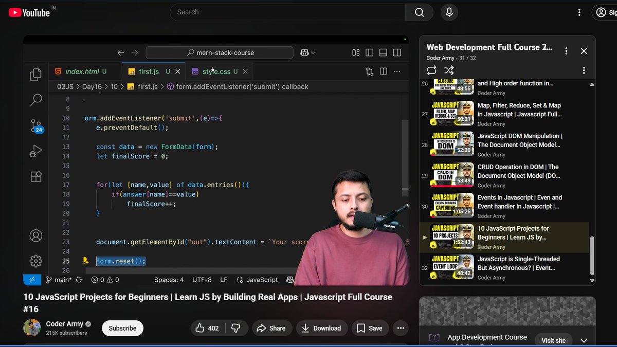 Ayushtiwari7819's tweet image. 🚀 Day 30 – WebDev Journey
Wrapped up 10 JavaScript Projects for Beginners 🧩
It took me 2 days (thanks to the festival break 🎉),
but finally completed them all
Learn....
DOM, Events, CRUD, Logic & Problem Solving
#LearnInPublic #100DaysOfCode #WebDevelopment #CodingJourney