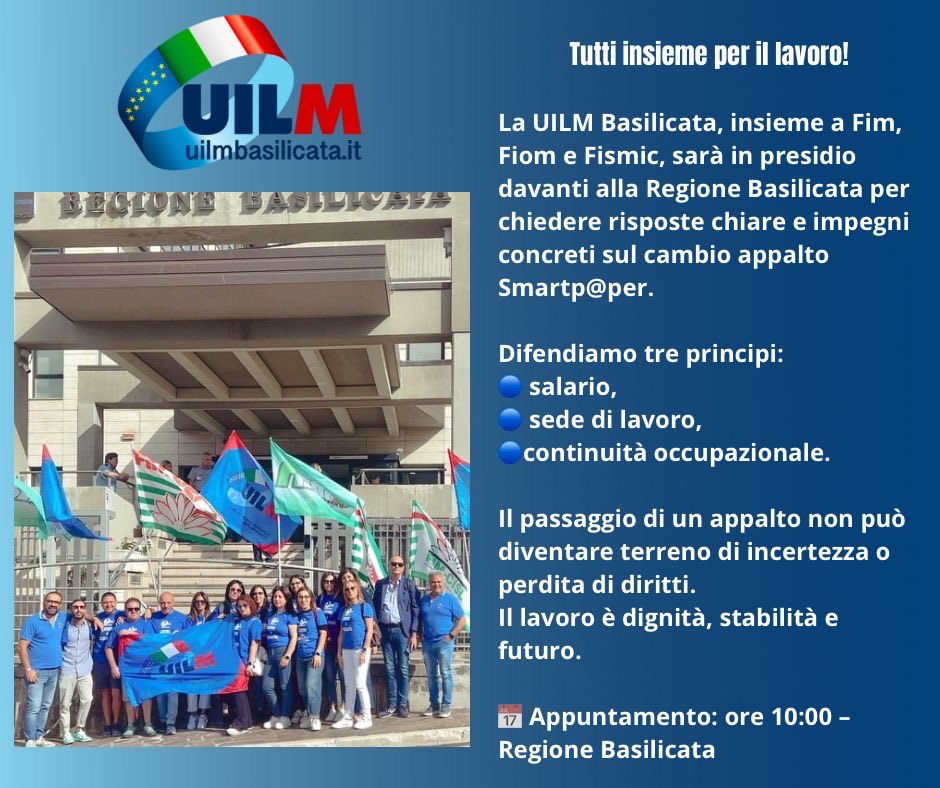 💪 Il lavoro non si tocca!

La UILM Basilicata sarà in presidio , questa mattina , davanti alla Regione Basilicata insieme a Fim, Fiom e Fismic per difendere i diritti delle lavoratrici e dei lavoratori coinvolti nel cambio appalto Smartp@per.