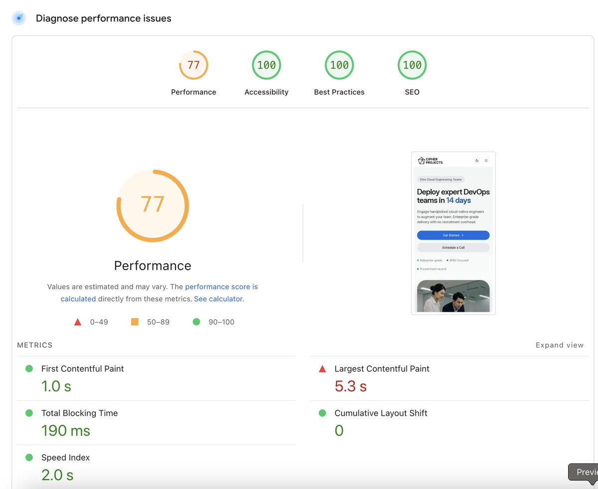 cipherprojects's tweet image. Pagespeed insights is a cruel master. 
One of our devs added navy blue to our website now we are trying to fix a 3.3 second FCP. With SEO and LEO the primary objectives we have to get that down.
We prioritised the above the fold items and lazy load the rest. Claude was able to…