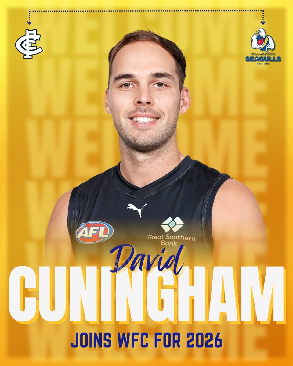 Big moves out west 👀 Former Blue David Cuningham is officially a Seagull for 2026! 

The Carlton midfielder-forward joins after a nine-year AFL career with the Blues and a 2025 stint at the Footscray Bulldogs VFL. 

Welcome to Williamstown, Cunners! 

Read more about David’s