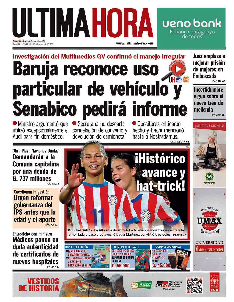 UltimaHoracom's tweet image. ¡Buenos días! Esta es la #TapaÚH y contratapa con los títulos principales.
📲 Lea las noticias en: ultimahora.com
📰 Más noticias de la edición impresa: editorial.elpais.com.py/elpais/newssta…
🟢 Recibí las noticias: whatsapp.com/channel/0029Va…
