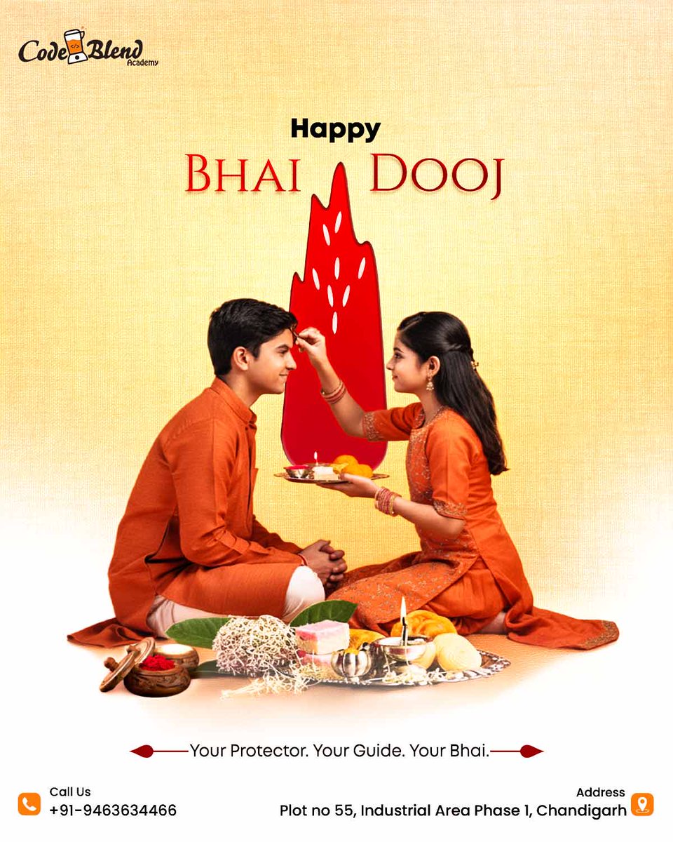 CodeblendA's tweet image. Celebrating the unbreakable bond of love, care, and lifelong protection. 💫
Wishing everyone a joyous and blessed Bhai Dooj! ❤️
#HappyBhaiDooj #BrotherSisterLove #FestivalOfBond #CodeBlendAcademy #SiblingLove #BhaiDoojCelebration #FamilyFestivity #IndianFestivals