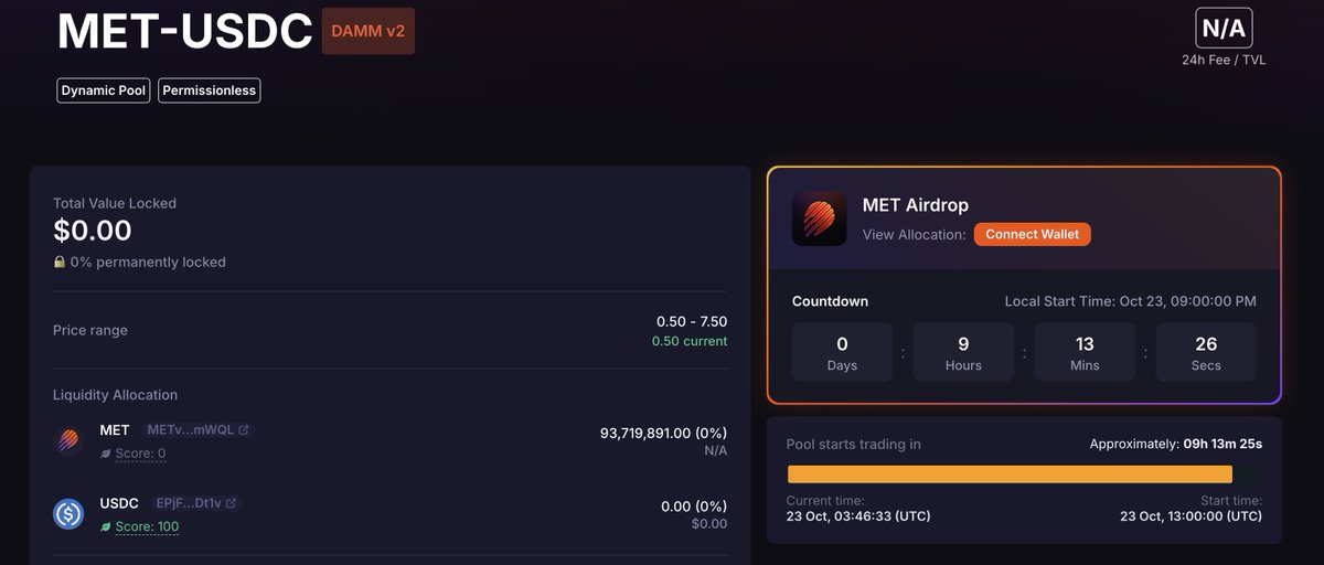 gm365's tweet image. 🩵  准备迎接今晚上线的 $MET 

1、开盘时间：今晚 9 点（北京时间）

2、$MET 官方 CA 地址：METvsvVRapdj9cFLzq4Tr43xK4tAjQfwX76z3n6mWQL

3、官方 Claim 页面： app.meteora.ag/dammv2/8X5yDbo…

4、 DAMM V2 LP VS HOLD 收益损失模拟页面（数据仅供参考）： dammits.fun

5、开盘后策略：…