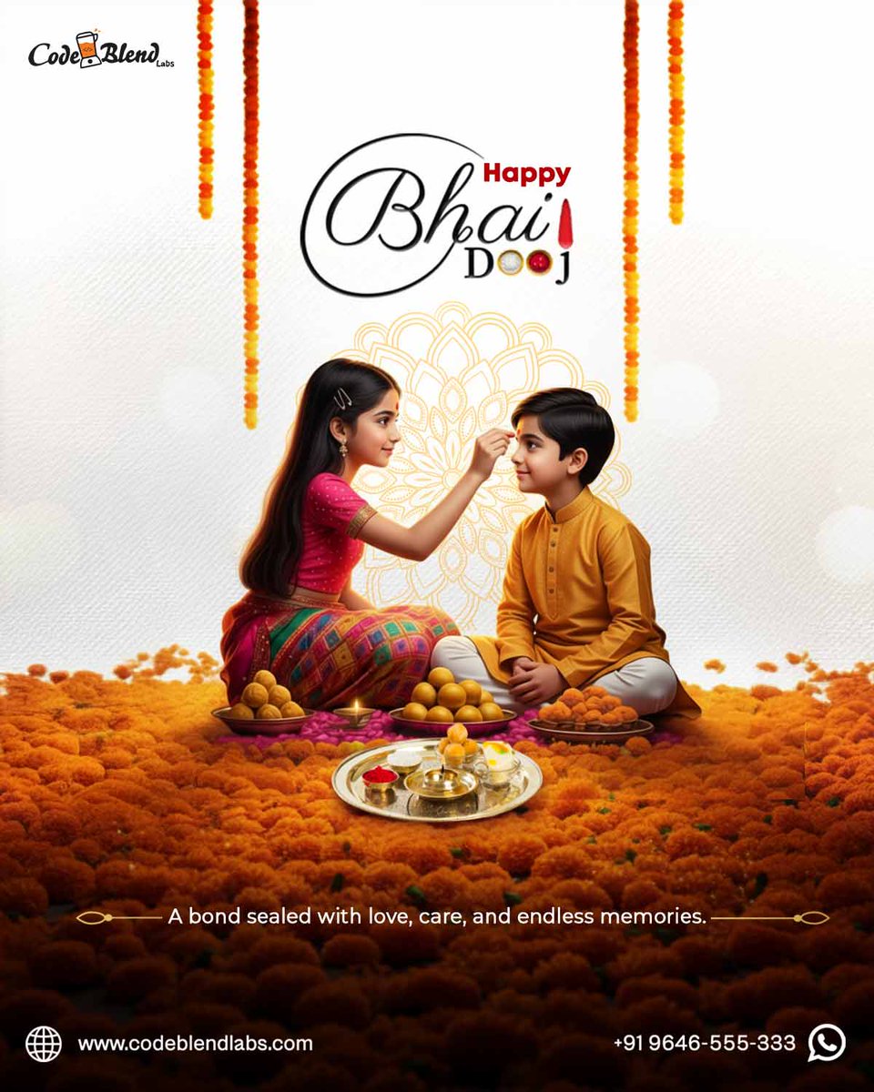 Codeblendlabs's tweet image. A celebration of the sweetest bond, where love, care, and lifelong promises shine the brightest. 💛
Wishing everyone a joyous and heartwarming Bhai Dooj! 🌸
#HappyBhaiDooj #BrotherSisterLove #FestivalOfBond #CodeBlendLabs #SiblingLove #BhaiDoojCelebration #IndianFestivals