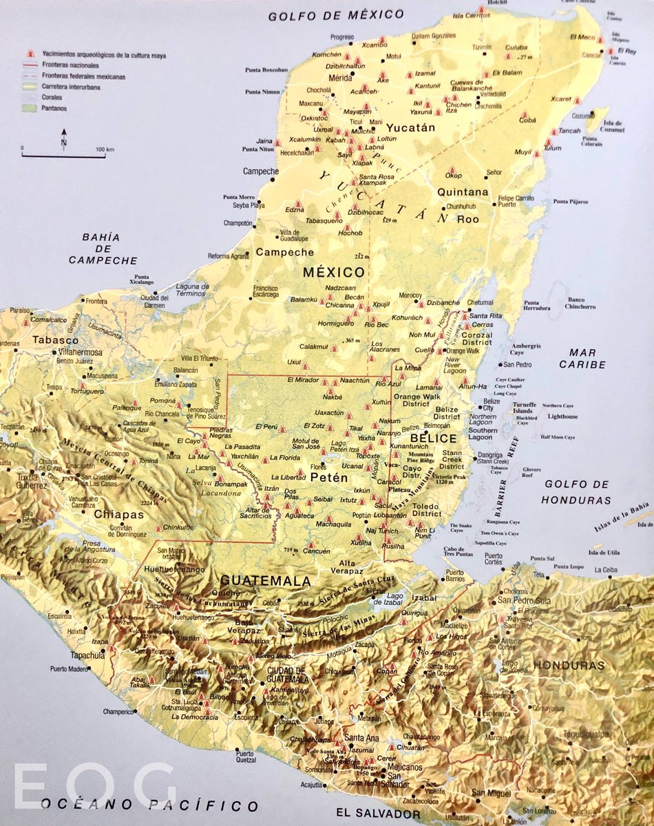 Uno de los mapas más interesantes del antiguo mundo maya, el cual ahora está conformado por 5 países. La cultura maya comprende un área de 500,000 km cuadrados! Se observan los 4 pilares del periodo clásico: Palenque, Calakmul, Tikal y Copán.

Mapa del libro de la editorial