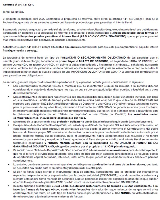 <a href="/joseyuste/">José Yuste</a> comparto algunos de los aspectos que consideramos impactarán a los contribuyentes derivado de la propuesta de reforma al art. 141 del CFF, expuestos por la Oficina de Vinculación de Garantías, A.C. <a href="/OVGarantias/">Oficina de Vinculación Garantías, A.C.</a>