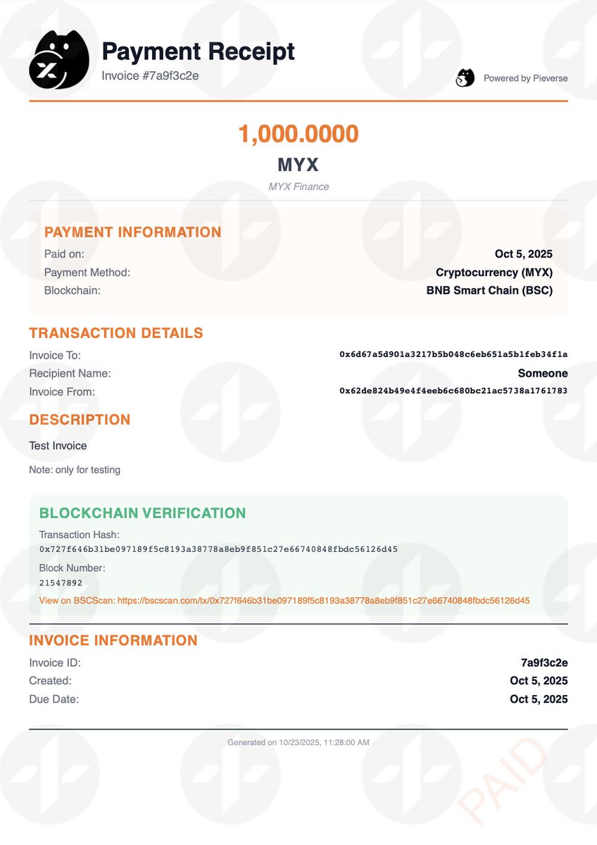 pieverse_io's tweet photo. With Pieverse Timestamping, users can generate custom on-chain receipts featuring verified token activity from projects like @EGLL_american, @MYX_Finance, and more.

Each receipt is a transparent, verifiable record of real on-chain interactions. Phase 4 of the @BinanceWallet Booster Campaign will highlight this new feature, bringing trust and compliance to every transaction.