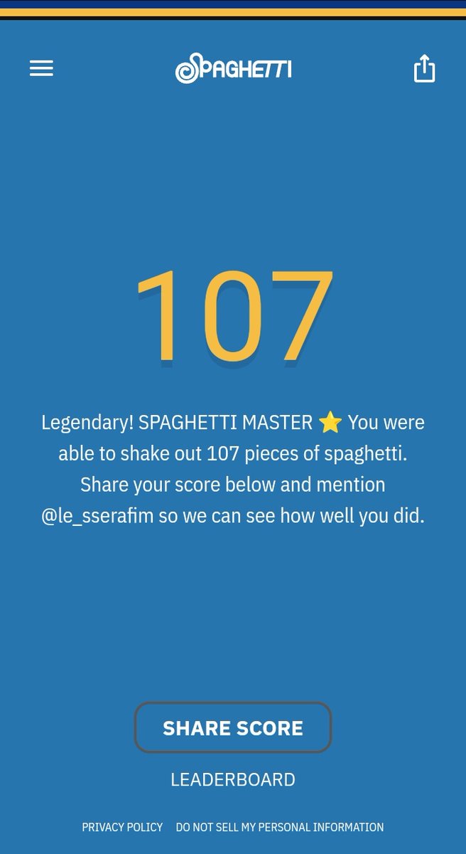 Cucumchaee's tweet image. Katasngkakashopeeshakenyah
#spaghettigame 👑🍝 107 noodles
Legendary! SPAGHETTI MASTER 🌟
@le_sserafim @IM_LESSERAFIM
spaghettigame.com