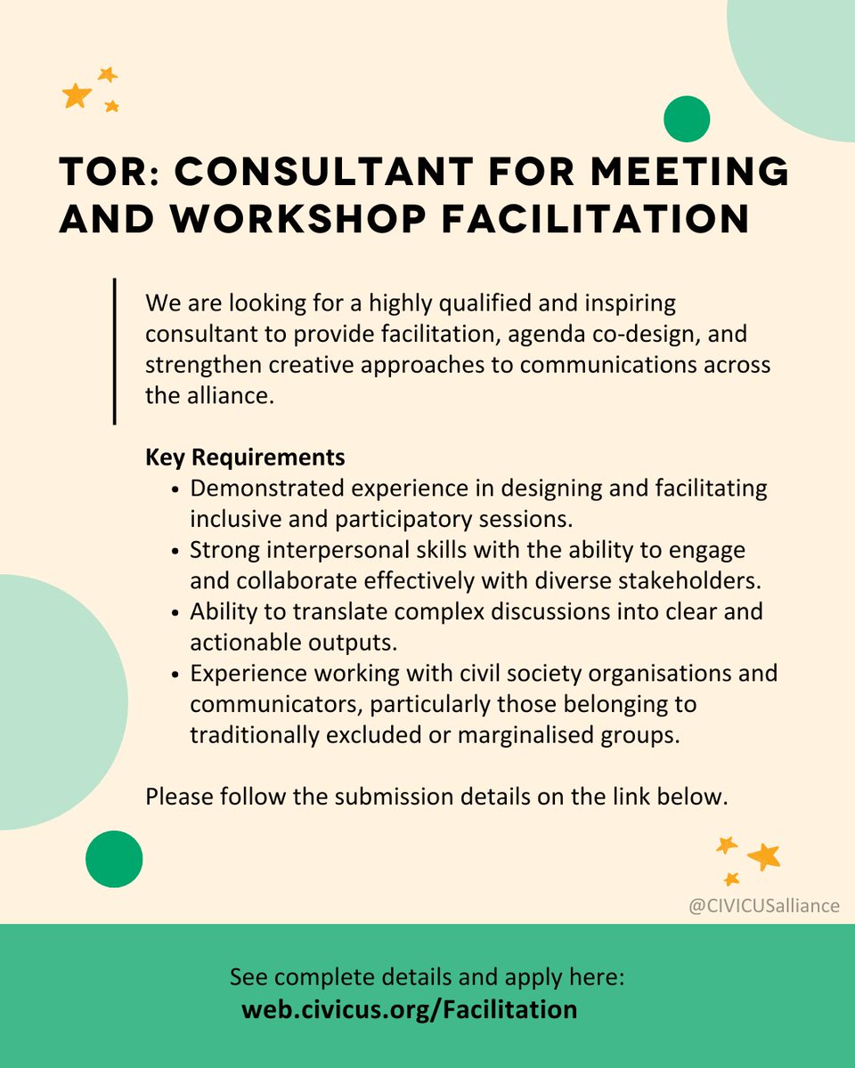 We’re looking for a Consultant for Meeting &amp; Workshop Facilitation!

Help design us inclusive spaces for dialogue &amp; strengthen civil society globally.

Apply now 👉 web.civicus.org/Facilitation
Deadline: 31 October