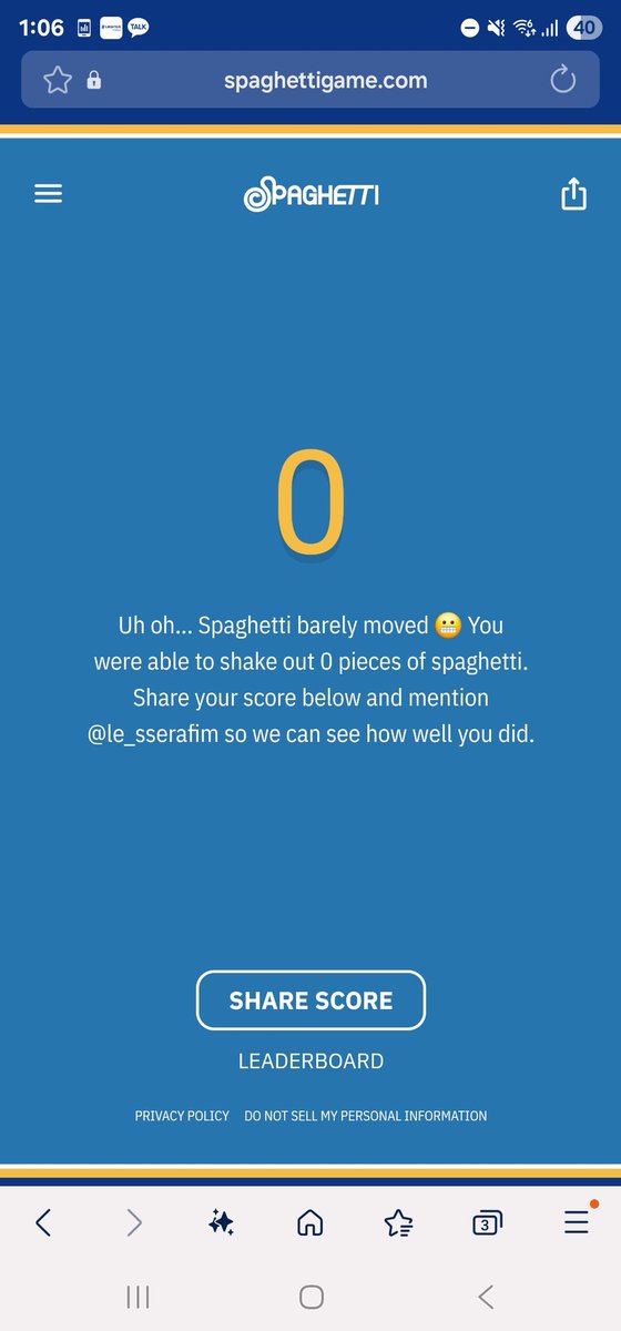 green_leafim's tweet image. #spaghettigame ⭐🍝 0 noodles
Uh oh… Spaghetti barely moved 😬
spaghettigame.com
@le_sserafim 즈하야 나도 빵점나왔어..ㅎㅎ