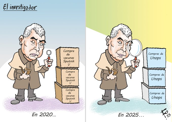 Left panel titled En 2020 shows a white-haired man in a coat holding a magnifying glass over three stacked boxes labeled Compra de votos, Sobornos, and CorrupciÃ³n labeled EspaÃ±a. Right panel titled En 2025 shows the same man examining four taller stacks of boxes labeled with Compra de votos, Sobornos, CorrupciÃ³n for EspaÃ±a and additional stacks for Venezuela, Colombia, and other implied countries. The style is cartoonish with simple lines and colors.
