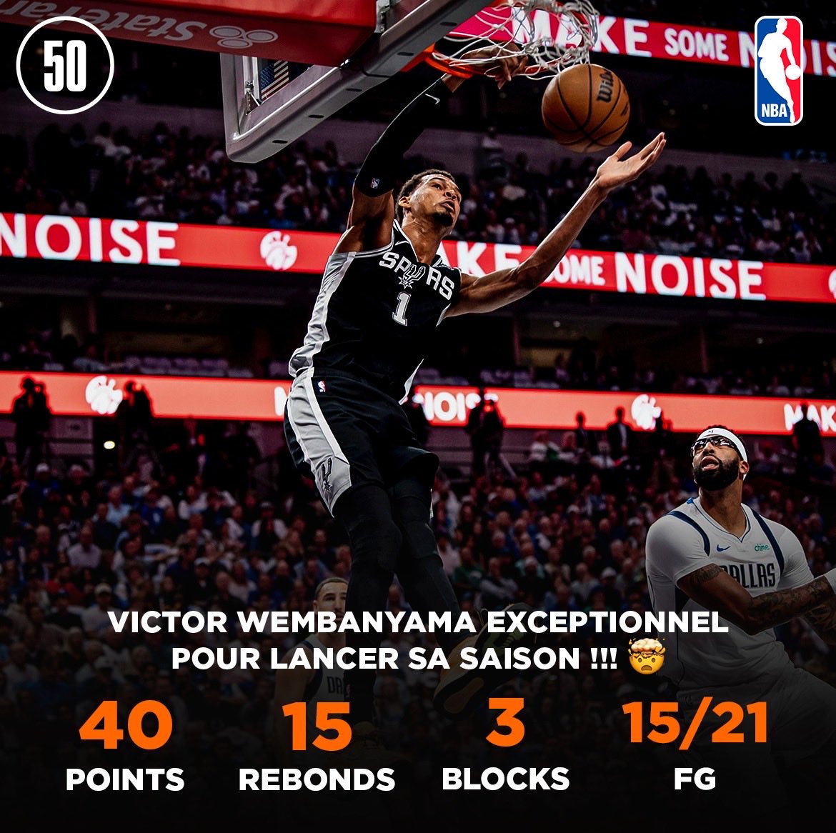 50NuancesDeNBA's tweet photo. 👽 VICTOR WEMBANYAMA CE SOIR : 

40 POINTS
15 REBONDS
3 BLOCKS
15/21 FG | 1/2 3-PTS | 9/11 FT
ET LA WIN FACE AUX MAVS ! ✅

MATCH EXCEPTIONNEL DE VICTOR, DES HIGHLIGHTS DE DINGUE DANS TOUS LES SENS, TOUT EN CONTRÔLE.

CE MEC EST UNIQUE. https://t.co/MS4BPu8gUB