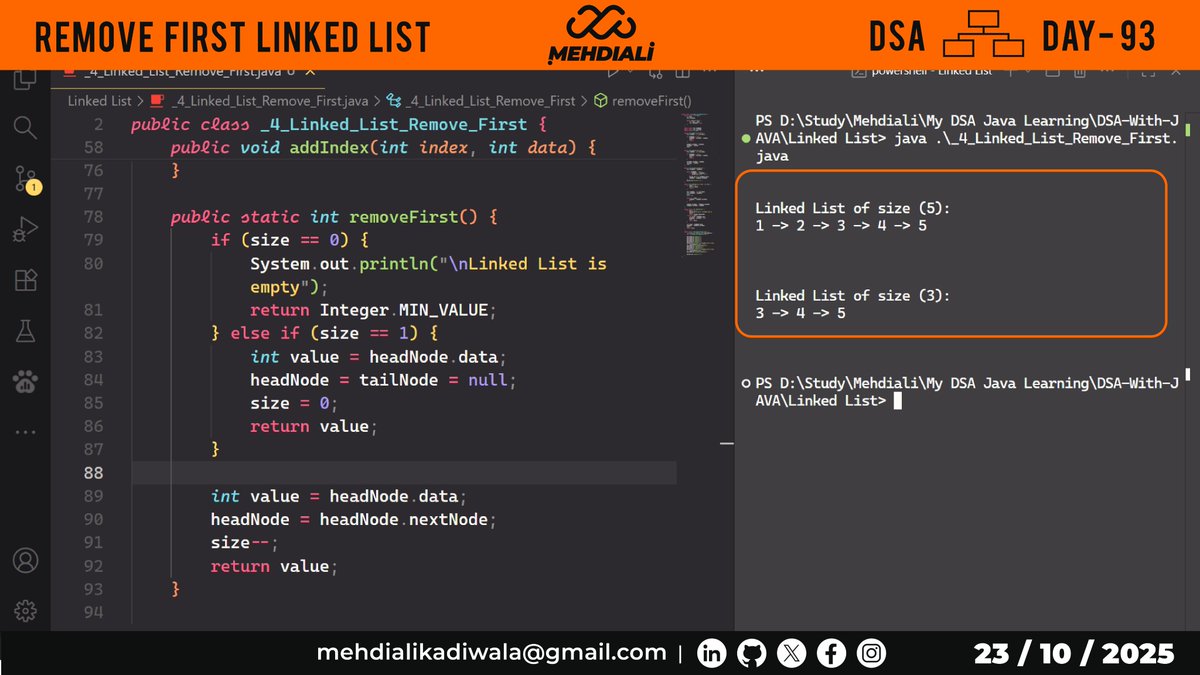 mehdiali_mk's tweet image. Remove First Linked List | DSA – DAY – 93
Github Link: github.com/mehdiali-mk/DS…
LinkedIn: linkedin.com/in/mehdiali-mk/
#365DaysofCode #365dayscoding #100daysofcodechallenge #100daysofcode #LearnDSA #DSAinJava #JavaProgramming #AlgorithmDesign #CodingPractice #codedaily