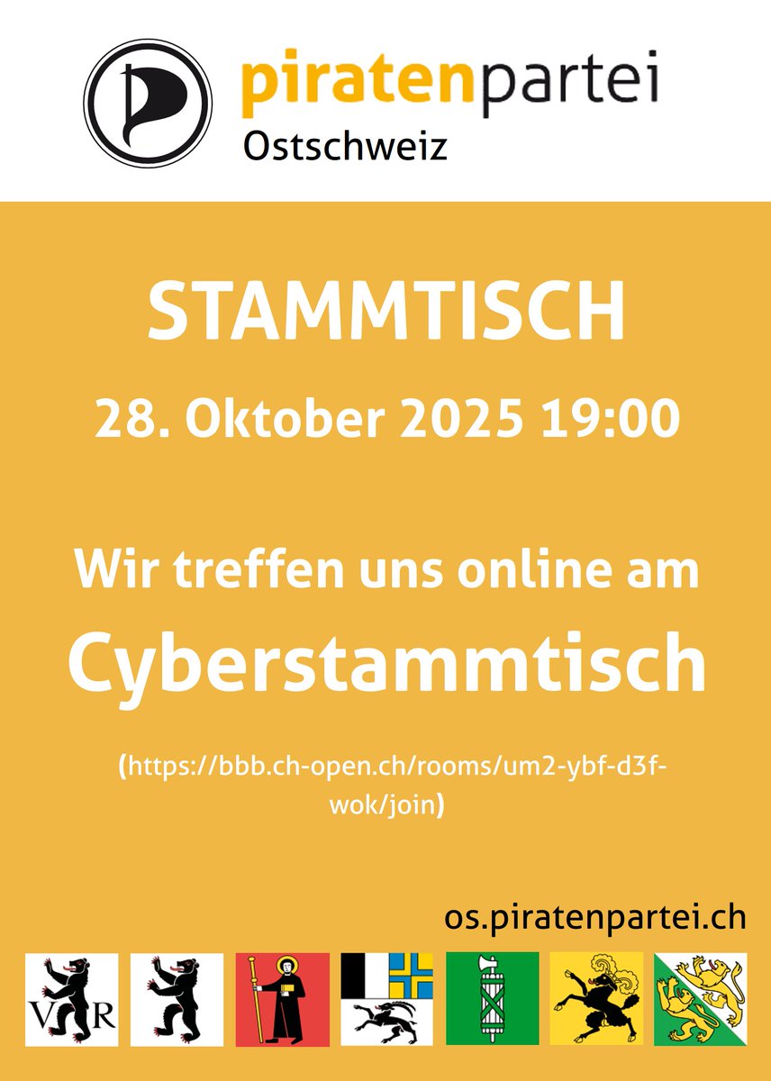 PPOstschweiz's tweet image. Stammtisch Piratenpartei Ostschweiz

Themen am Stammtisch:
👉 Digitale Integrität

🗓 28. Oktober 2025 🕖19:00
📍 Online am Cyberstammtisch (bbb.ch-open.ch/rooms/um2-ybf-…)
🏴‍☠️ os.piratenpartei.ch/mitmachen/stam…