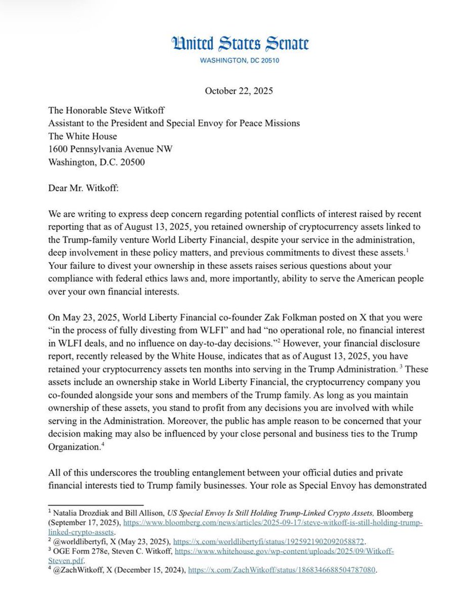 cryptodotnews's tweet image. JUST IN: 🇺🇸 $WLFI | White House envoy Steve Witkoff faces Senate scrutiny after disclosures showed crypto holdings tied to Trump’s World Liberty Financial.