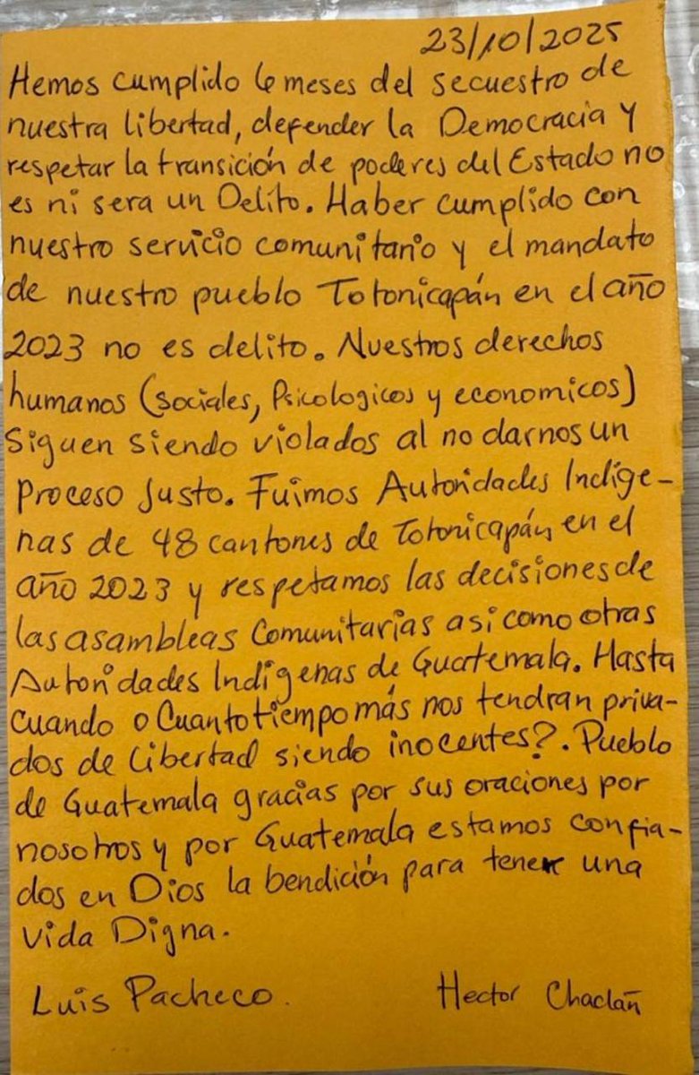 Hoy se cumplen seis meses desde que Luis Pacheco y Héctor Chaclán fueron encarcelados injustamente. 

Antes de dormir, recordamos su resistencia,  y comparto una carta escrita por ellos.