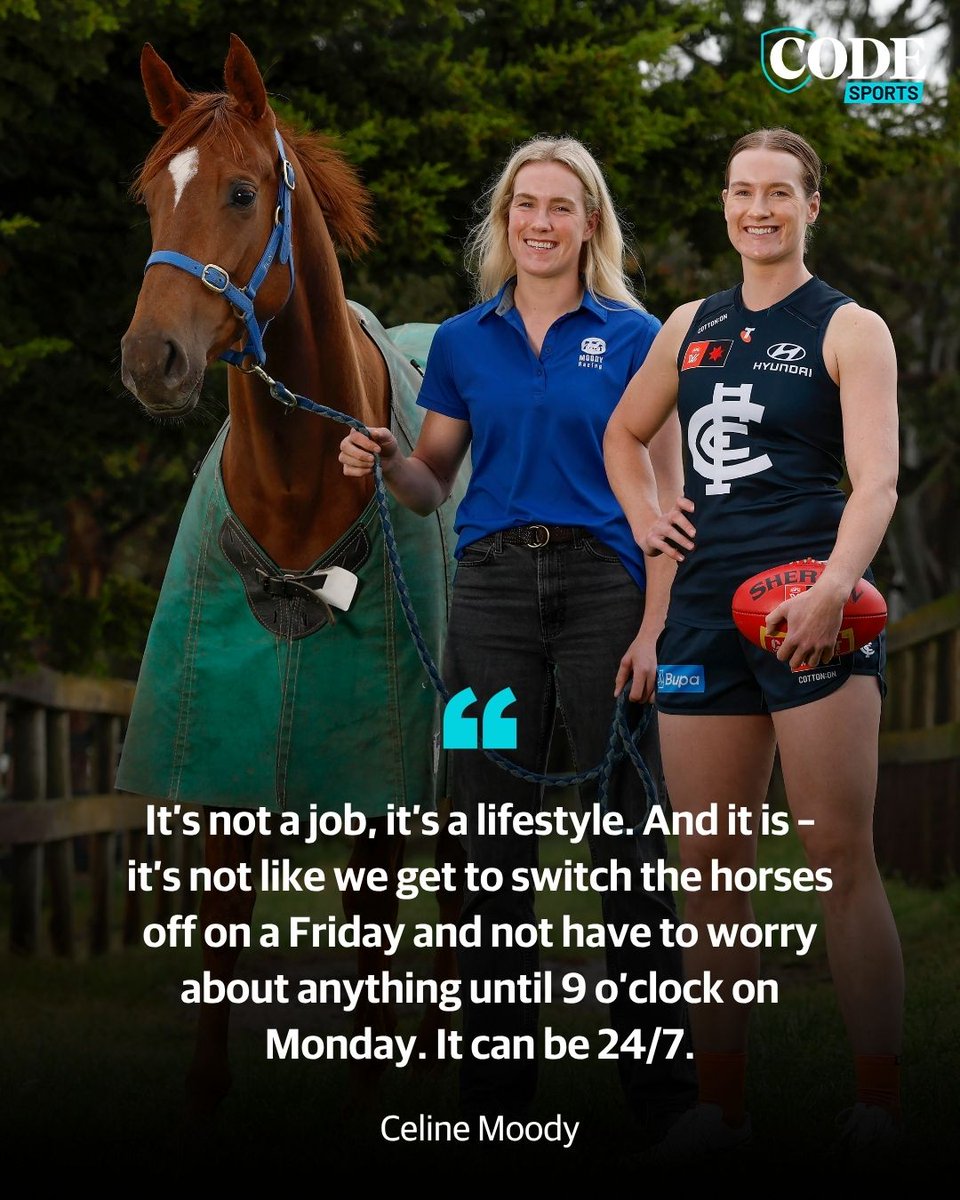 codeaflau's tweet image. Celine Moody is keeping it in the family.
The former AFLW player isn’t deterred by pre-dawn alarms or hard work in the horse stables – yet – as she embarks on becoming a horse trainer like her Australian Racing Hall of Fame father Peter.
READ ▶️ bit.ly/4o5nBOP