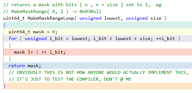 despair's tweet image. I was curious whether compilers would convert a naive loop implementation of &quot;set range of bits in u64 to 1&quot; into O(1) bitwise ops.

Answer: MSVC compiles the loop into a loop. Clang&apos;s output is bonkers: 418 bytes long, branches everywhere, 256-bit SIMD operations get involved?!
