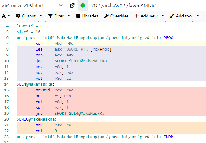 despair's tweet image. I was curious whether compilers would convert a naive loop implementation of &quot;set range of bits in u64 to 1&quot; into O(1) bitwise ops.

Answer: MSVC compiles the loop into a loop. Clang&apos;s output is bonkers: 418 bytes long, branches everywhere, 256-bit SIMD operations get involved?!