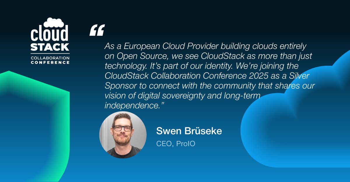 CloudStack's tweet image. The CEO of our Silver Sponsor, @proIO - @SwenBrueseke, highlights that #CloudStack is part of proIO&apos;s identity. Their vision for digital sovereignty and independence drives them to connect with the community.

Register for #CloudStackCollab!
apachecloudstack.short.gy/phcKug