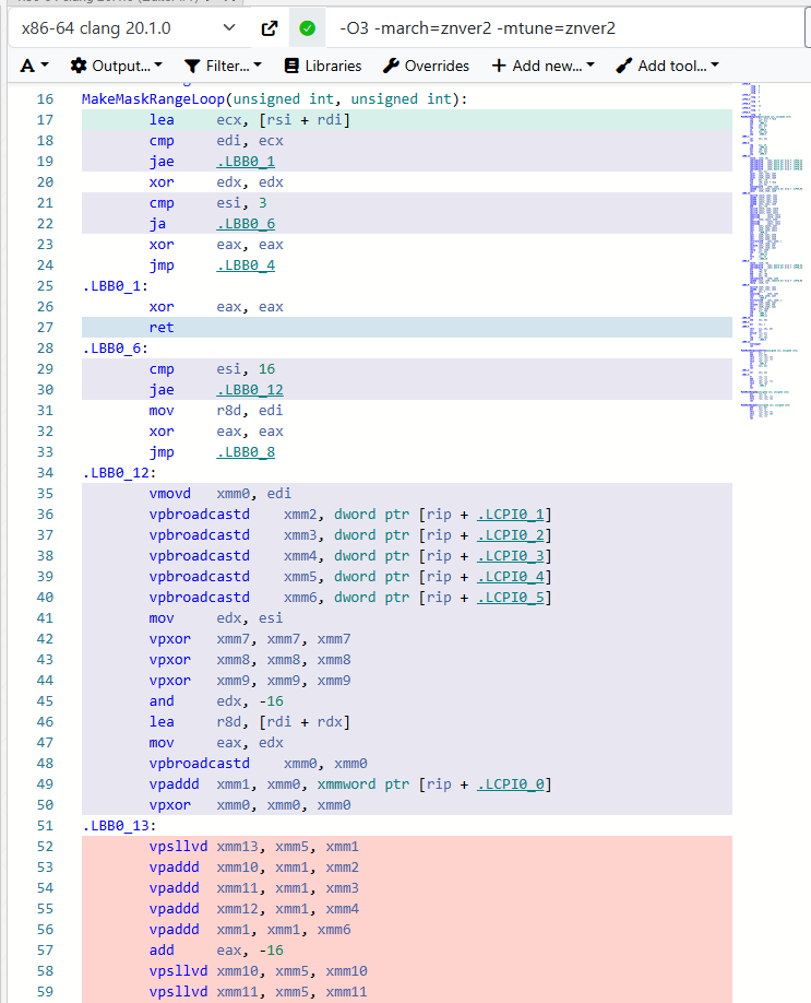 despair's tweet image. I was curious whether compilers would convert a naive loop implementation of &quot;set range of bits in u64 to 1&quot; into O(1) bitwise ops.

Answer: MSVC compiles the loop into a loop. Clang&apos;s output is bonkers: 418 bytes long, branches everywhere, 256-bit SIMD operations get involved?!
