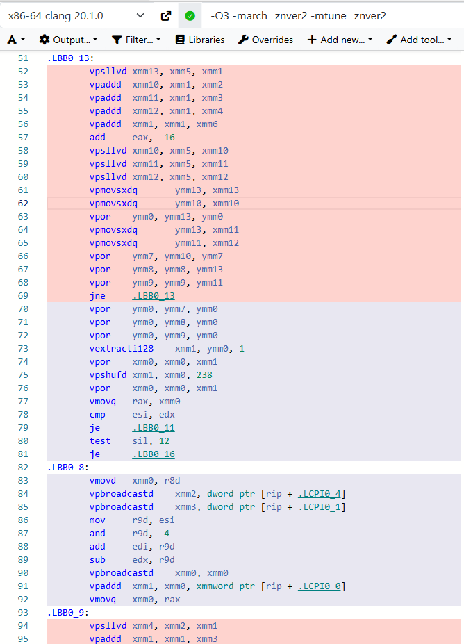 despair's tweet image. I was curious whether compilers would convert a naive loop implementation of &quot;set range of bits in u64 to 1&quot; into O(1) bitwise ops.

Answer: MSVC compiles the loop into a loop. Clang&apos;s output is bonkers: 418 bytes long, branches everywhere, 256-bit SIMD operations get involved?!