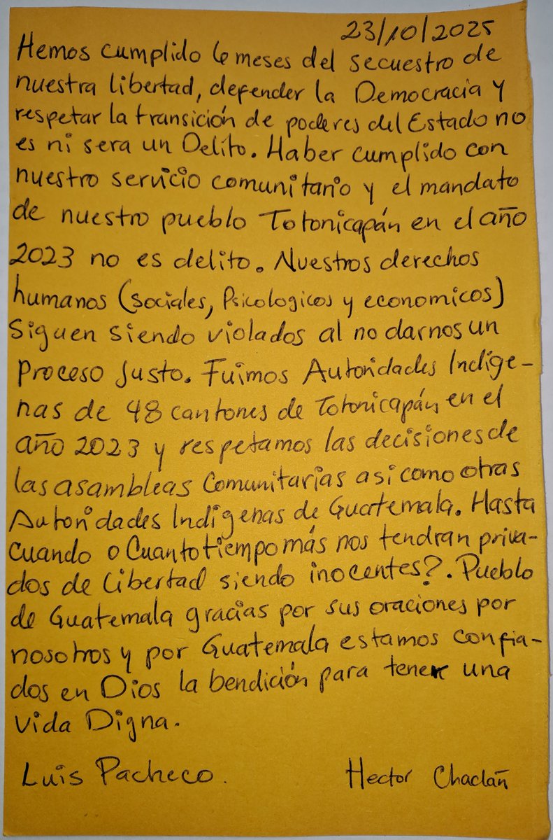 Hoy se cumplen 6 meses de injusticias en contra de Luis Pacheco y Héctor Chaclán, quienes han estado presos injustamente, actualmente la Sala Tercera de la Corte de Apelaciones no ha asignado un juez para el caso, y por ello no se puede revisar la prisión preventiva.