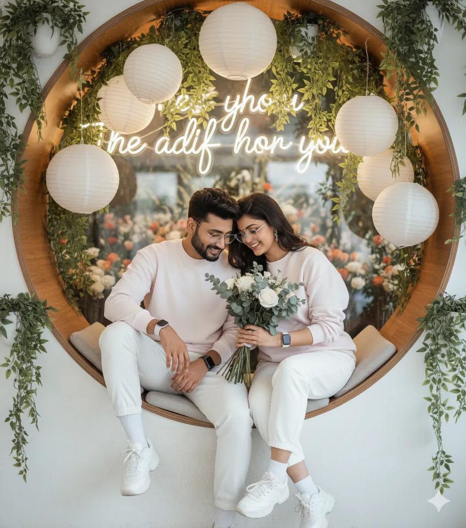ShreyaYadav___'s tweet image. Use Google Gemini ai 📸
Prompt ⤵️
"A lifestyle photo of a young couples together in romantic sitting in a circular wooden nook On wall with hanging plants and neon lights with big white ball,, wearing a colorful white rose colour fullSleeve sweetshirt, light white pant,…