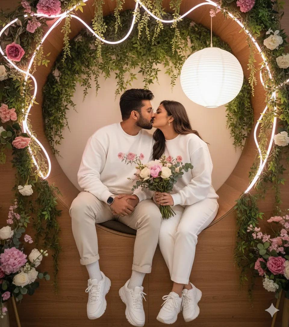 ShreyaYadav___'s tweet image. Use Google Gemini ai 📸
Prompt ⤵️
"A lifestyle photo of a young couples together in romantic sitting in a circular wooden nook On wall with hanging plants and neon lights with big white ball,, wearing a colorful white rose colour fullSleeve sweetshirt, light white pant,…