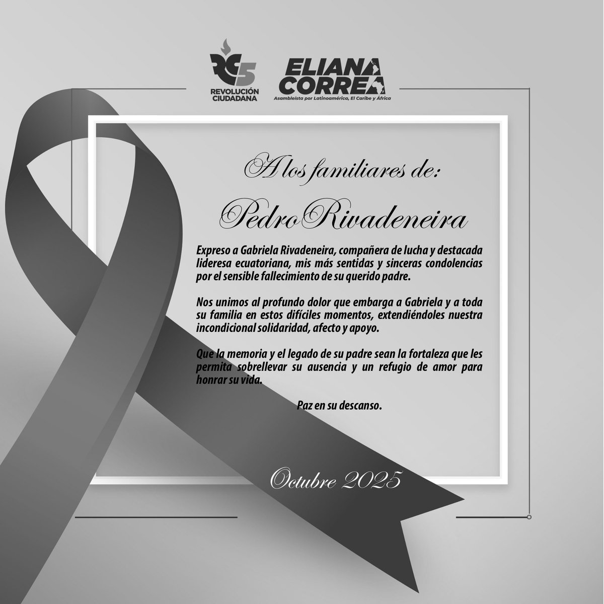 Extendemos nuestras más sentidas condolencias a la lideresa y compañera de lucha, <a href="/GabrielaEsPais/">Gabriela Rivadeneira</a>, por el sensible fallecimiento de su padre.

Nos unimos al dolor de la familia en este momento. Que la memoria y el legado de su padre sean fuente de fortaleza.

¡Fuerza querida