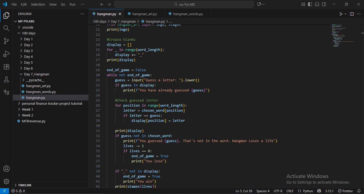 marvellousobor7's tweet image. Wow! Finally done with the Hangman game challenge Day 7 which was very challenging. Those who code games must be very! very!! sound in whatever language they are using.
#python100daysofcode #python #100dayscodechallenge #vscode #pythongame #day7 #100daysofcode #codingchallenge
