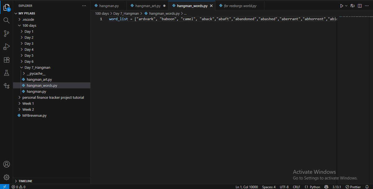 marvellousobor7's tweet image. Wow! Finally done with the Hangman game challenge Day 7 which was very challenging. Those who code games must be very! very!! sound in whatever language they are using.
#python100daysofcode #python #100dayscodechallenge #vscode #pythongame #day7 #100daysofcode #codingchallenge