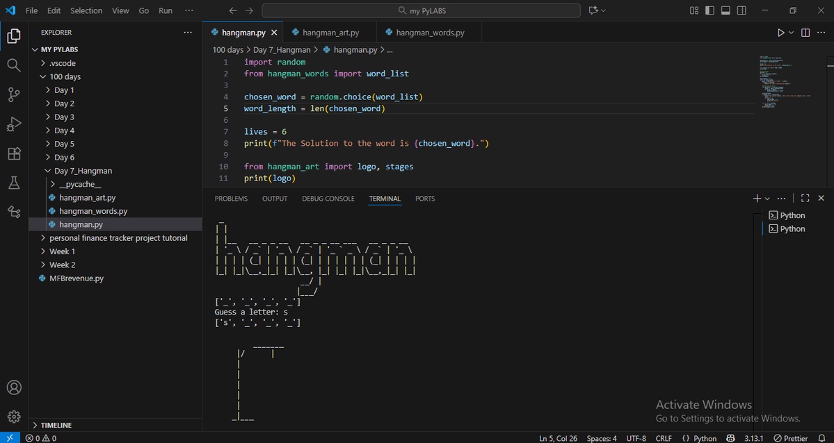 marvellousobor7's tweet image. Wow! Finally done with the Hangman game challenge Day 7 which was very challenging. Those who code games must be very! very!! sound in whatever language they are using.
#python100daysofcode #python #100dayscodechallenge #vscode #pythongame #day7 #100daysofcode #codingchallenge