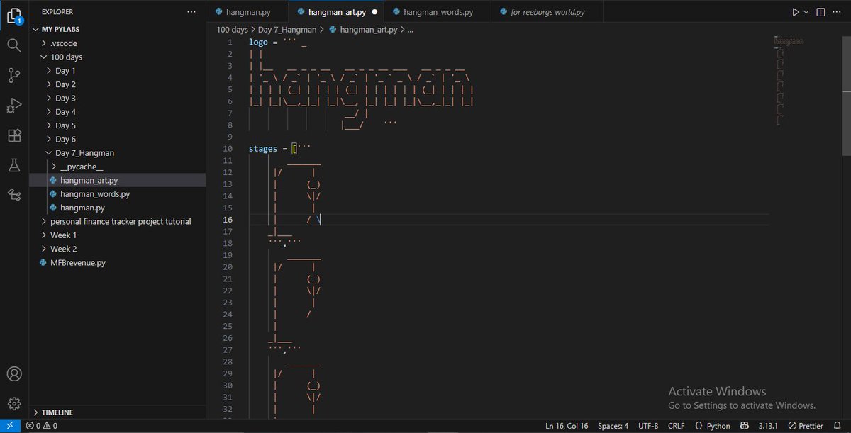marvellousobor7's tweet image. Wow! Finally done with the Hangman game challenge Day 7 which was very challenging. Those who code games must be very! very!! sound in whatever language they are using.
#python100daysofcode #python #100dayscodechallenge #vscode #pythongame #day7 #100daysofcode #codingchallenge